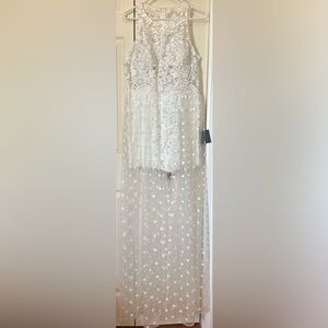 Bridal: Sheer Polka Dot Lace Overlay Romper with Trail